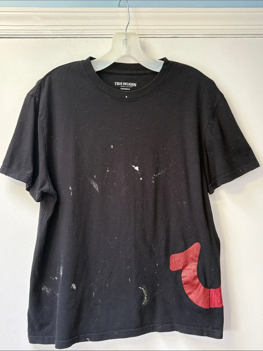 True Religion Black Distressed T-shirt Red Horseshoe White Paint Splatter Mens M